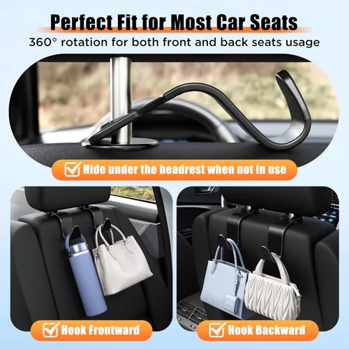 Miniatura 4 de Amooca Gancho para reposacabezas de asiento de automóvil, paquete de 4 unidades, organizador universal para bolso, bolso, abrigo, ajuste universal