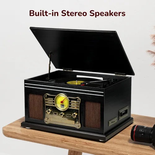 Miniatura 5 de FEKTIK FEKTIK - Tocadiscos Bluetooth 10 en 1, tocadiscos de 3 velocidades para vinilo con altavoces, convertidor LP a MP3, CD, reproductor de Negro