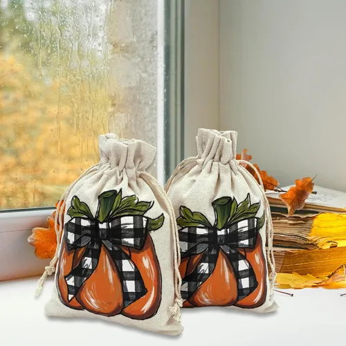 Miniatura 6 de Whaline Paquete de 24 bolsas de arpillera de otoño, bolsas con cordón de calabaza, bolsas de regalo de calabaza a cuadros de acuarela, bolsa