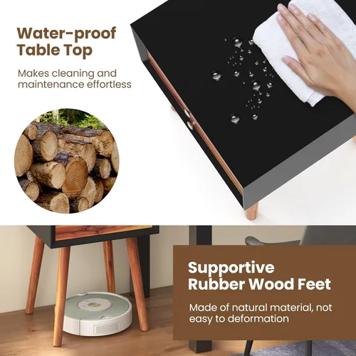 Miniatura 6 de GOFLAME Mesita de noche con 2 cajones, pequeña mesa auxiliar de madera, moderna de mediados de siglo con almacenamiento, mesa auxiliar compacta