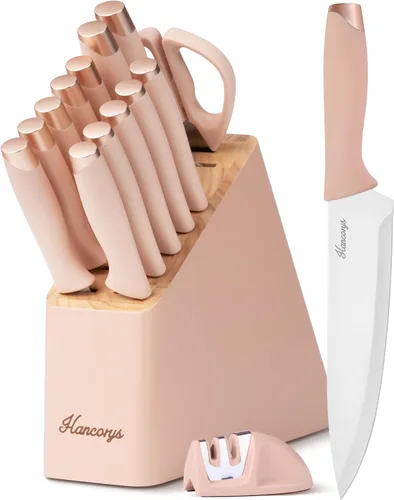 Miniatura 8 de Juego de cuchillos de cocina con afilador, juego de cuchillos de acero inoxidable alemán dorado con bloque y mango ergonómico de grano de madera