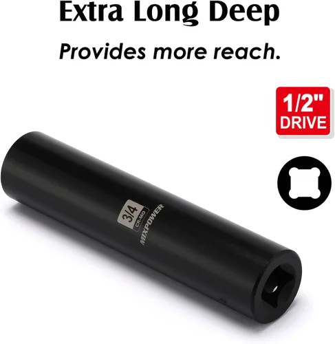 Miniatura 4 de MIXPOWER 1/2" Dr. x 3/4 de pulgada de profundidad extra larga, 6 puntos de impacto, acero de aleación Cr-Mo, diseño de esquina de radio, marcas