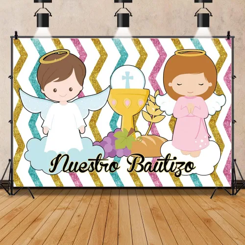 Miniatura 4 de Telón de fondo de poliéster de 5 x 3 pies con texto en inglés «Nuestro Bautizo» para niños, niñas, baby shower, bautizo, para la primera comunión