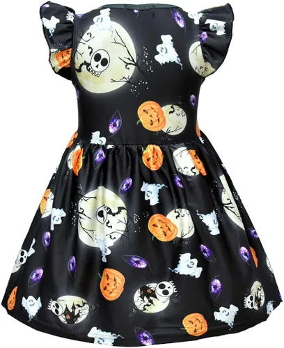 Miniatura 2 de Mini vestido de Halloween para niñas pequeñas, con volantes y manga corta, estampado de calabaza, acampanado, mini vestido de falda para otoño