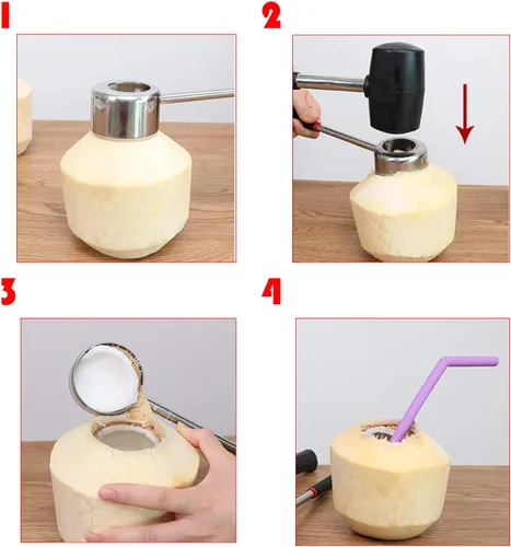 Miniatura 7 de Juego de 3 abridores de coco de acero inoxidable, kit de herramientas para abrir cocos frescos