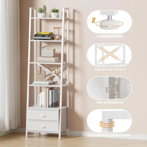 Miniatura 5 de Furologee Estantería de escalera de 5 niveles con 2 cajones, estantes de almacenamiento estrechos para libros, estantería industrial independiente