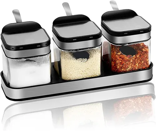 Miniatura 5 de Contenedor de especias para condimentos con tapas y cucharas de acero inoxidable 304, recipientes de vidrio transparente para condimentos