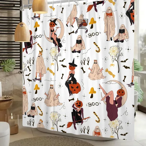 Miniatura 7 de Cortina de ducha divertida de Halloween, espeluznante y bonita, fantasma, calabazas, murciélagos, cortina de baño para niños, decoración