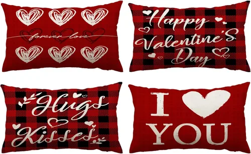 Miniatura 10 de Juego de 4 fundas de almohada de 16 x 16 pulgadas, diseño de corazón rojo con diseño de corazón de amor, fundas de almohada de aniversario de boda