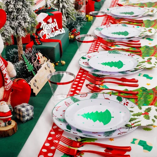 Miniatura 7 de Festiva 176 Piezas Platos de Plástico de Navidad Resistentes - Juego de Vajilla Desechable de Navidad - incluye 50 Platos 25 Cubiertos de Plástico