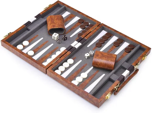 Miniatura 5 de AMEROUS Juego de Backgammon, Juego de Mesa Clásico de 11 Pulgadas con Estuche de Cuero, Tablero Plegable, Paquete de Regalo, Juego de Estrategia