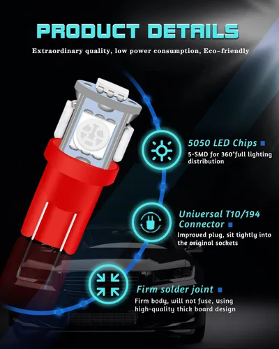 Miniatura 4 de Paquete de 25 bombillas LED 194, bombillas LED T10 súper brillantes, bombillas 2825 5050 Chipset 5-SMD, W5W 168 bombillas LED de repuesto para Rojo