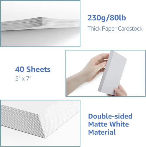 Miniatura 5 de 40 hojas de papel de cartulina blanca, papel de impresora de cartulina de 5 x 7, cartulina de 80 lb/230 GSM, papeles de impresión gruesos pesados