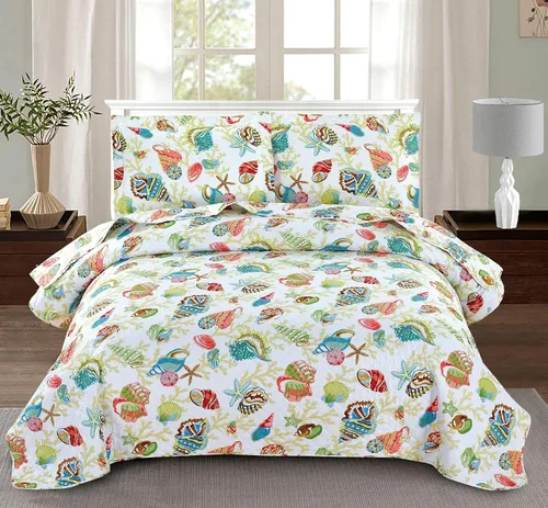 Miniatura 10 de Juego de cama reversible de 3 piezas con diseño náutico, tamaño Queen (90x90 Pulgadas), con conchas de mar azul-verde y coral, juego de colcha