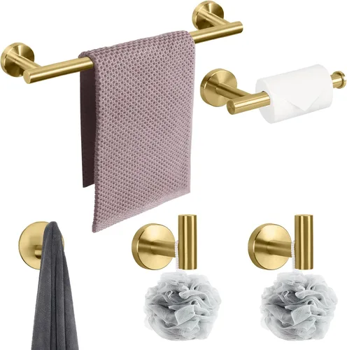 Miniatura 5 de NearMoon Juego de accesorios de baño SUS 304 de acero inoxidable grueso, incluye toallero de 16 pulgadas, soporte para papel higiénico, ganchos Oro