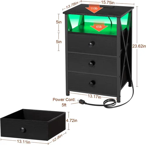Miniatura 3 de AMHANCIBLE Juego de 2 mesitas de noche, mesita de noche LED con estación de carga, mesas auxiliares con puerto USB y tomacorriente, mesita de noche