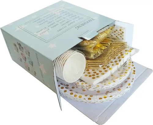 Miniatura 5 de 200 piezas de suministros para fiestas dorados - Platos de papel y servilletas dorados, cubiertos, tazas, sirve para 25 conjuntos para bodas, Punto