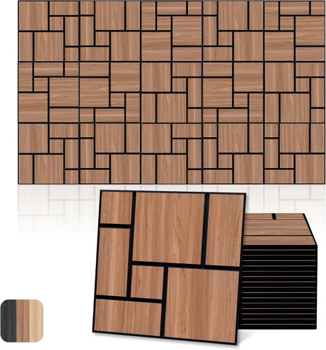 Miniatura 16 de Mollywell Paneles acústicos, decoración de grano de madera de PVC, azulejos de pared con patrón tallado de 12 x 12 pulgadas, autoadhesivos