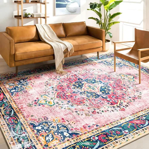 Miniatura 29 de Alfombra de área de 5 x 7 pies para sala de estar, alfombra verde boho antideslizante lavable, alfombra vintage de pelo bajo, alfombra grande