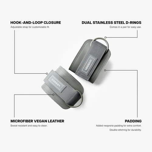 Miniatura 2 de UPPPER Correas de tobillo para máquinas de cable (par) – Accesorio de puño de cable acolchado ajustable para gimnasio, doble anillo en D, calidad