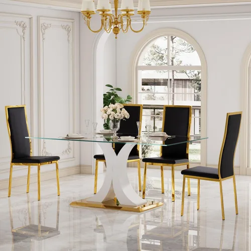 Miniatura 21 de Moderno juego de mesa de comedor rectangular de vidrio para 4, 63 pulgadas, mesa transparente de cocina de lujo con base negra y dorada, 4 sillas