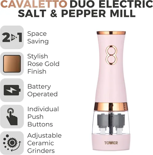 Miniatura 2 de Tower T847004PNK Molinillos eléctricos de sal y pimienta, funcionan con pilas con molinillos de cerámica ajustables, oro rosa y rosa