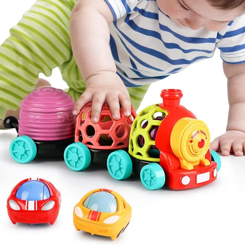 iPlay, iLearn Tren de juguete para bebés, autos suaves para niños de 6 a 12 meses, camión musical Push N Go, sonajero sensorial para niños pequeños,