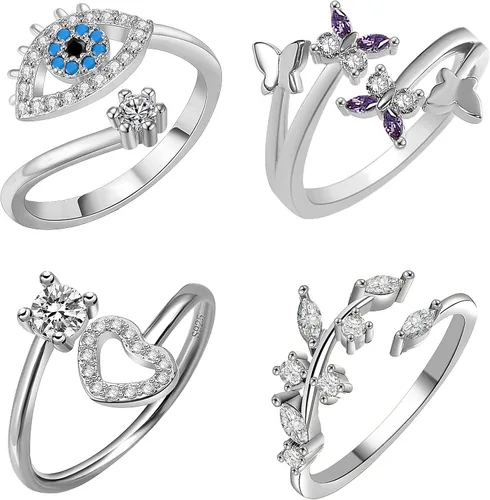 DS Juego de 4 anillos abiertos ajustables para mujer, delicados y lindos anillos de nudillos de acero inoxidable con circonita cúbica chapada en oro