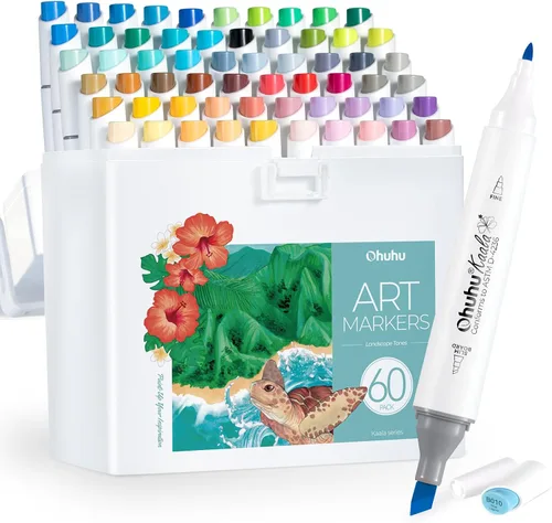 Ohuhu - Marcadores de alcohol de doble punta delgados y anchos para artistas, marcadores de arte finos para colorear, dibujar, paisajes y bocetos 60