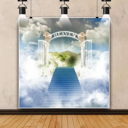 Miniatura 7 de Telón de fondo del cielo de 5x3 pies Puerta del cielo Puerta del paraíso Fondo fotográfico para niños, alfombra de baby shower, pancarta