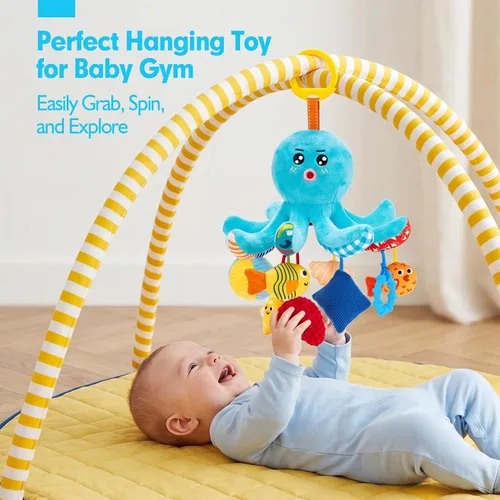 Miniatura 10 de hahaland Juguetes para bebés de 0 a 6 meses – Juguetes para asiento de automóvil, juguete de pulpo con cuerdas de tracción, chirriante, sonajero