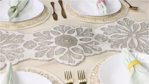 Miniatura 23 de Camino de mesa con cuentas de 13 x 36 pulgadas, elegante centro de mesa de comedor con cuentas de vidrio y parte trasera de poliéster, camino Oro