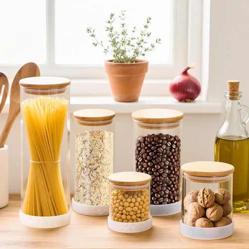 Miniatura 7 de TBWIND Contenedores de almacenamiento de vidrio con tapas de bambú, paquete de 7 tarros herméticos de vidrio transparente en tamaños mixtos
