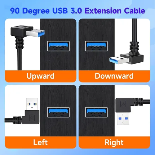 Miniatura 3 de Cable de extensión USB3.0 en ángulo descendente, cable de extensión USB A hembra a USB-A macho, cable extensor con contactos chapados en oro