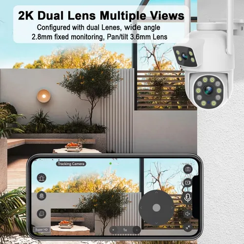 Miniatura 2 de Cámara de seguridad para exteriores de doble lente 2K, panorámica/inclinación de 360°, cámaras de enlace inalámbrico WiFi 2.4G para seguridad