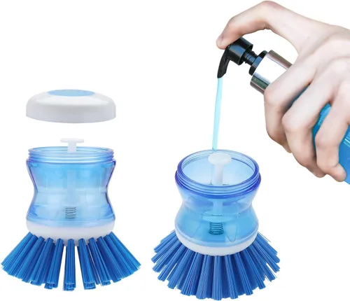 Miniatura 3 de Cepillo para platos con dispensador de jabón, cerdas rígidas para limpiar ollas, sartenes y fregaderos, paquete de 2
