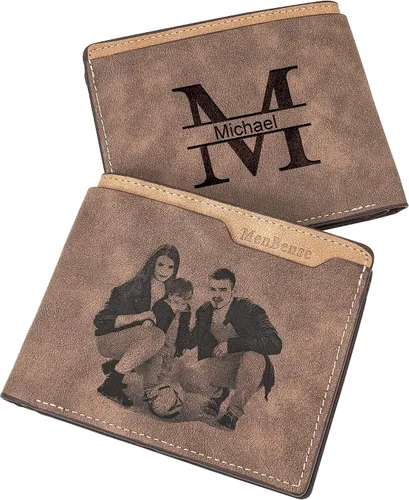 K KENON Cartera para mamá hijo Cartera de cuero grabada para hombre, el regalo perfecto personalizado para hijo de mamá y papá