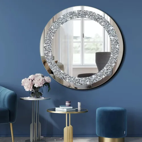 Miniatura 2 de Espejo Redondo Plateado Brillante Crystal Crush con Diamantes para Decoración de Pared 20x20x1 pulgadas para Colgar en Pared sin Marco Bling