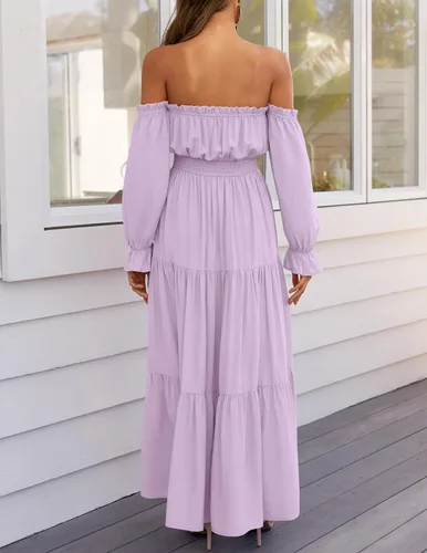 Miniatura 131 de ZESICA - Vestido largo, bohemio y sexy, con hombros descubiertos y manga larga fruncida, con elástico fruncido, cintura alta y abertura lateral
