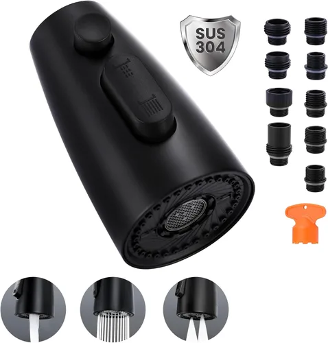 Miniatura 16 de Repuesto de cabezal de grifo de cocina: cabezal rociador de acero inoxidable, 3 modos de boquilla de pulverización extraíble con 9 adaptadores
