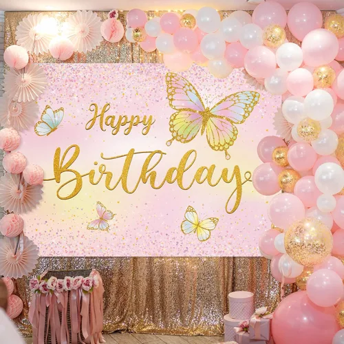 Miniatura 2 de Dandat Telón de fondo de cumpleaños de mariposa de 7 x 5 pies, tema rosa, mariposa dorada, decoración de fiesta, pancarta de poliéster, fondo