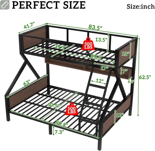 Miniatura 2 de Litera individual XL sobre Queen con estantes de almacenamiento y luces LED, marco de cama de metal resistente con escaleras, diseño sin ruido, cama