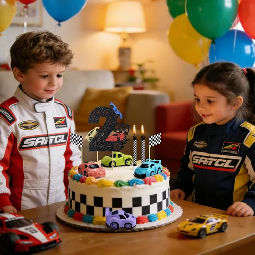 Miniatura 6 de Decoración para tartas de auto de carreras, 15 piezas, decoración de cumpleaños de autos de carreras, velas de cumpleaños falg a cuadros