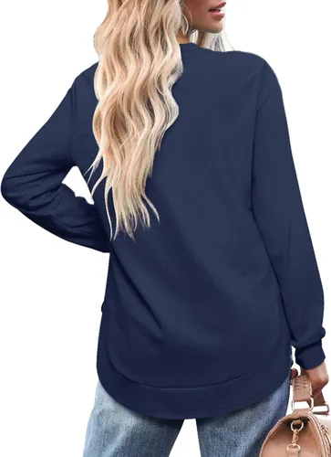 Miniatura 4 de OFEEFAN Sudadera de manga larga con cuello redondo para mujer, dobladillo curvado