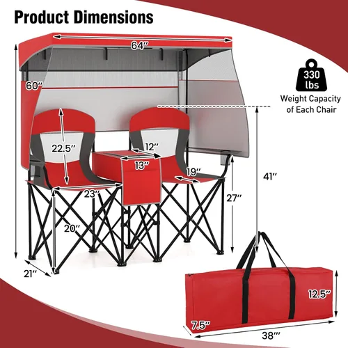 Miniatura 7 de S AFSTAR Silla de camping con toldo, silla de playa plegable para 2 personas con portavasos, cortinas de sombreado de 3 lados y bolsa enfriadora