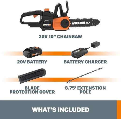 Miniatura 5 de Worx WG323 20V Power Share Sierra de poste/cadena inalámbrica de 10" con tensión automática (batería y cargador incluidos)