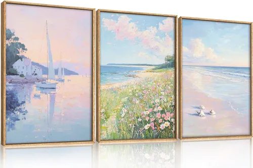 Miniatura 13 de Aryroi Juego de arte de pared en lienzo abstracto grande con marco floral, estilo bohemio, retro, neutro, flores silvestres, arte botánico de flores