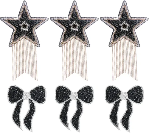 6 parches para planchar con estrellas de diamantes de imitación para ropa, lazo de estrella con borlas negras brillantes con cadenas, parches de