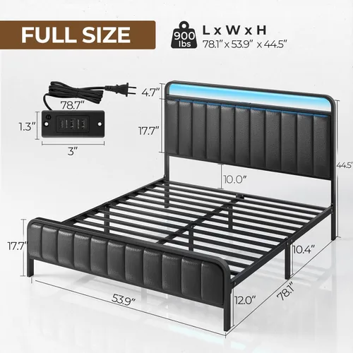 Miniatura 2 de Rolanstar Estructura de cama tamaño completo con luz LED y estación de carga, cabecera y pie de cama tapizados, listones de metal, sin ruido, fácil