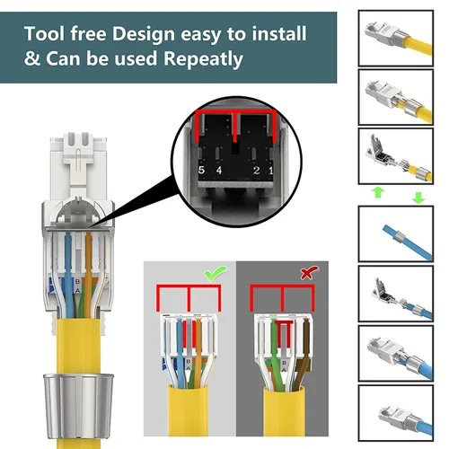 Miniatura 6 de VCELINK Conectores RJ45 Cat6A sin herramientas, tapones de terminación Ethernet blindados reutilizables para cable SFTP UTP de 23 AWG, enchufe